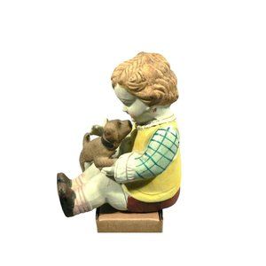 Bisque Boy Figurine Hand Painted matte finish with dog Japan